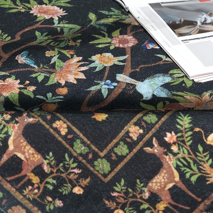 8x10 Area Rugs for Living Room, Machine Washable Non-Slip Carpet, Boho Floral Low Pile Throw Rugs for Bedroom, Dining Room, Office, Nursery, Vintage Home Decor（Black）