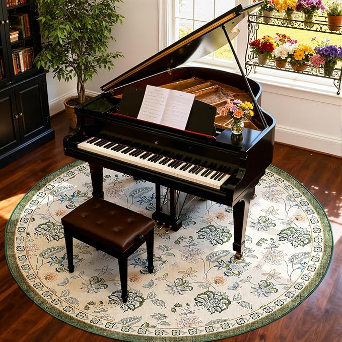jinchan Elora 8ft Floral Round Rug for Dining Room Washable Living Room Rug Vintage Romance Design Non Slip Indoor Floor Cover Lightweight Low-Profile Throw Carpet for Bedroom Porch Patio, Green/Beige