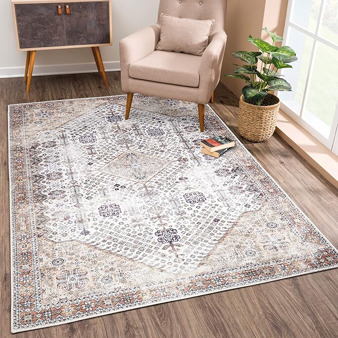 Bloom Rugs Washable Non-Slip 9' x 12' Rug - Sand/Orange/Purple Traditional Medallion Area Rug for Living Room, Bedroom, Dining Room, and Kitchen - Exact Size: 9' x 12'