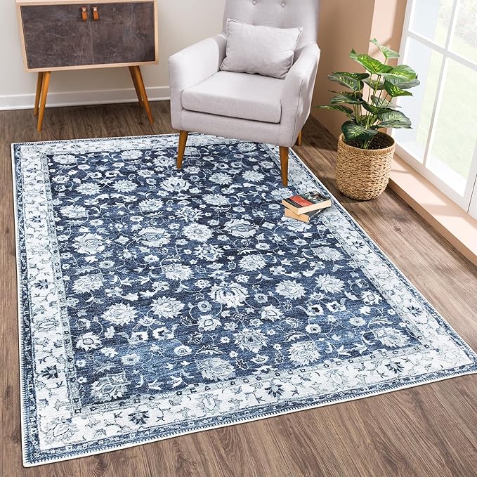 Bloom Rugs Washable Non-Slip 2' x 3' Rug - Dark Blue Traditional Bordered Area Rug for Living Room, Bedroom, Dining Room, and Kitchen - Exact Size: 2' x 3'