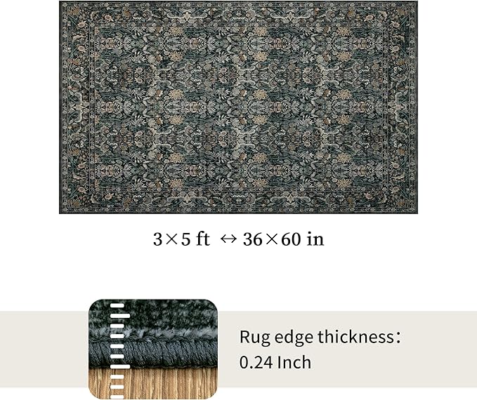 Washable Living Room Rug: 3x5 Boho Floral Soft Area Rug for Bedroom Decor - Vintage Low Pile Thin Carpet for Dining Room Non-Slip - Farmhouse Stain Resistant Rugs - Dark Green