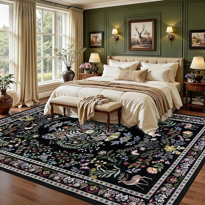 8x10 Area Rugs Living Room Rug: Vintage Washable Rug Floral Soft Carpet Indoor Floor Non-Slip Boho Stain Resistant Large Carpets for Bedroom Kids Nursery Dining Room Farmhouse Home Office Black