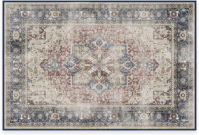 RUGGABLE Washable Vintage Area Rug – Kamran Royal Blue 2x3, Stain-Resistant, Non-Slip – Small Machine Washable Rugs for Living Room, Bedroom, Hallway, Entryway & Bathroom–with Standard Pad