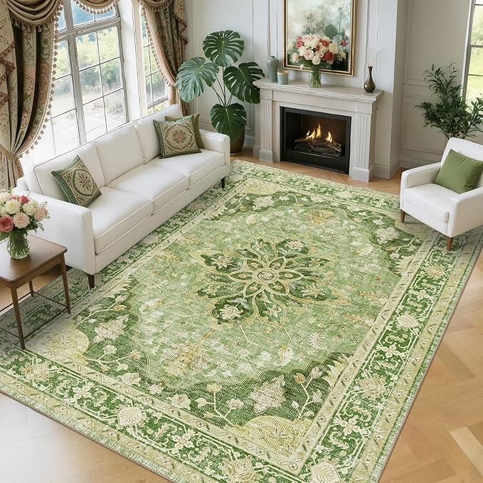 Area Rugs 8'x10' Washable Non-Slip, Floral Vintage Distress Print Pattern Medallion Carpet for Living Room Bedroom Dining Room, Sage Green Yellow