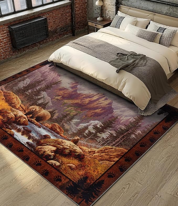 YIHOUSE Rustic Cabin Area Rug for Bedroom 4x6,Machine Washable Forest Bear Rug,Non-Slip Low Pile Print Pattern Mountain Rug for Living Room