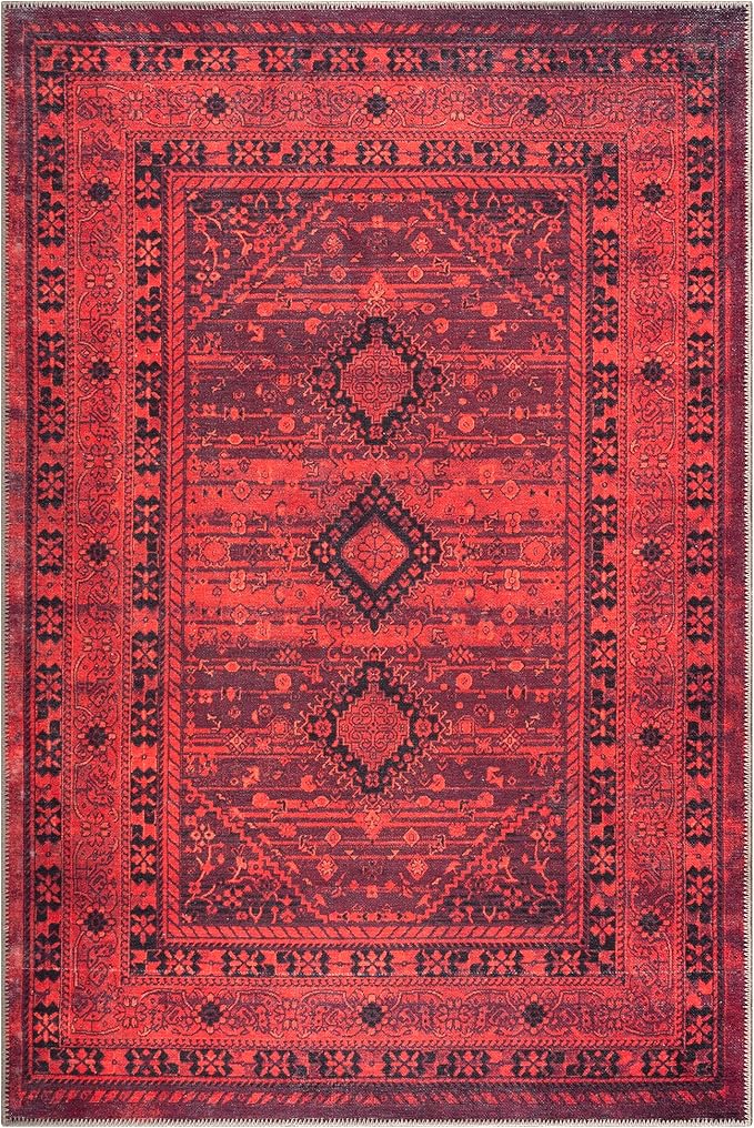 Bloom Rugs Washable Non-Slip 4' x 6' Rug - Red Traditional Bordered Area Rug for Living Room, Bedroom, Dining Room, and Kitchen - Exact Size: 4' x 6'