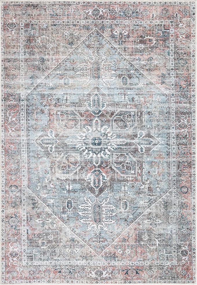 Bloom Rugs Washable Non-Slip 9' x 12' Rug - Light Pink/Light Blue Traditional Medallion Area Rug for Living Room, Bedroom, Dining Room, and Kitchen - Exact Size: 9' x 12'