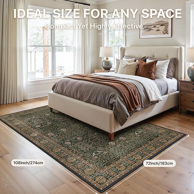 Bavni Area Rugs 6x9- Washable Rug Lightweight Non-Slip, Ultra Thin Low Pile Living Room Rug, Modern Printed Vintage Rugs for Dinning Room Office, Dark Green/Multi