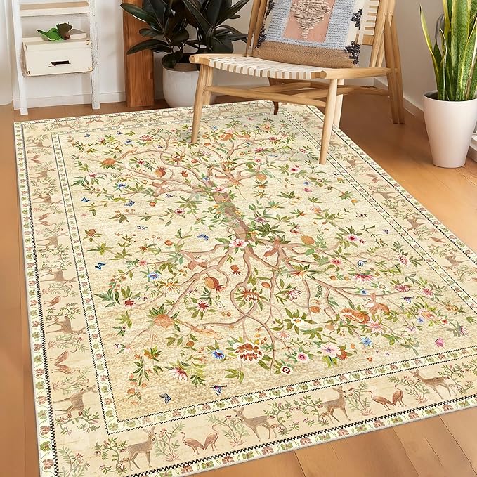 3x5 Area Rug Washable, Non-Slip Small Rug Carpet, Floral Boho Low Pile Soft Throw Rugs for Entryway, Bedroom, Kids Room, Dorm, Office, Nursery, Vintage Home Decor（Beige）