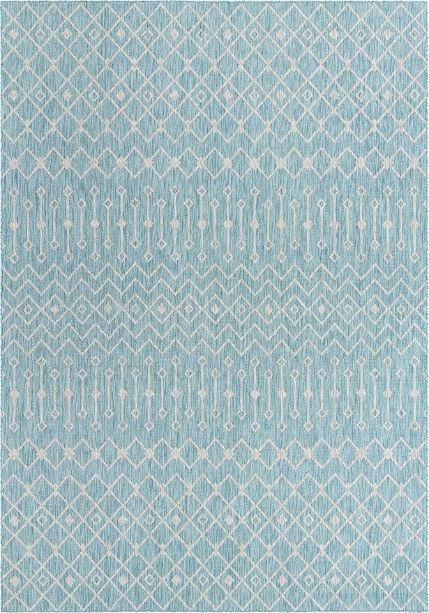Unique Loom Outdoor Trellis Collection Area Rug - Tribal Trellis (10' x 14' 1" Rectangle, Aqua/ Ivory)