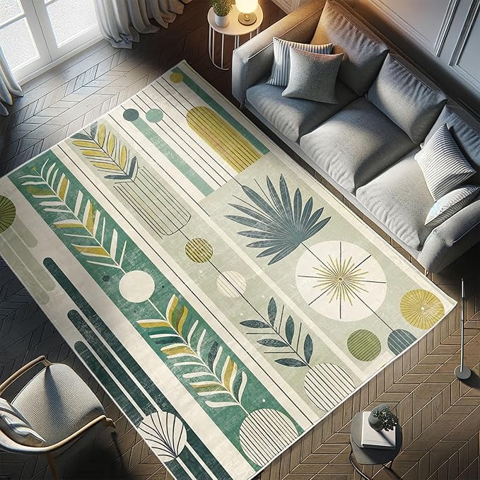 Ambesonne Mid Century Modern Decorative Rug, Abstract Circles Leaves and Stripes in Nature Color Palette, Quality Carpet for Bedroom Dorm and Living Room, 2' 2" x 3' 7", Fawn Teal Pale Green
