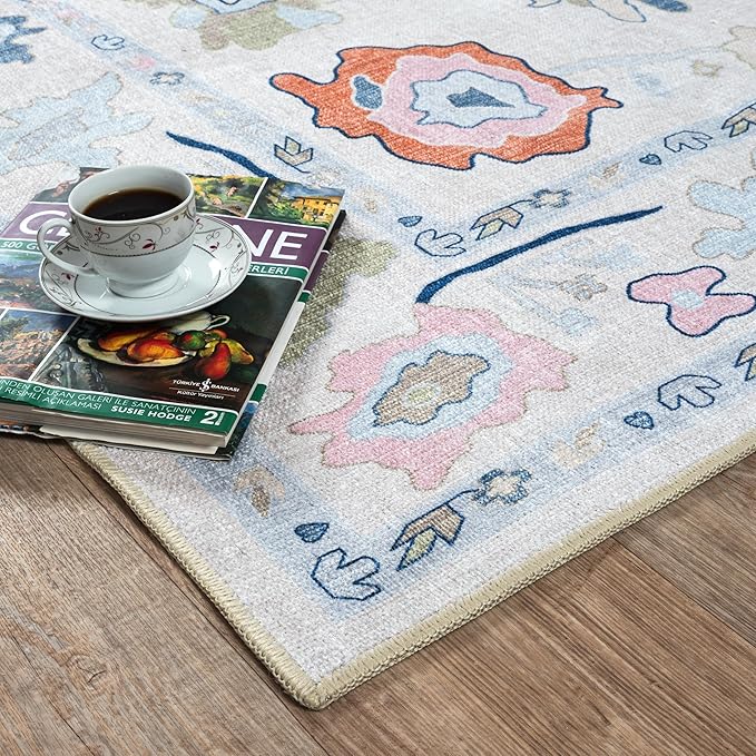 Fame Living Cream Oushak Rug, Modern, Vintage, Turkish, Eclectic, Floral, Pastel, Washable, Extra Large Area Rugs for Living Room, Dining, Bedroom, Lounge, 9'x12'