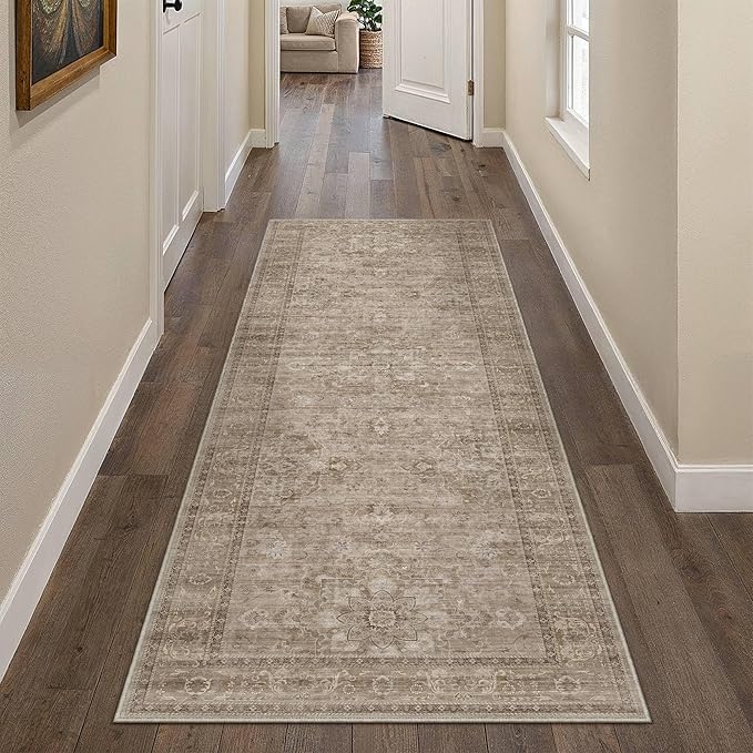 HUGEAR Washable Hallway 2x6 Runner Rugs Retro Brown Vintage Distressed Non Slip Stain Resistant Low Pile Neutral Throw Carpet for Bedside Kitchen Entryway Home Decor