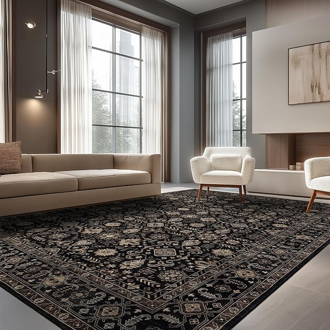 Area Rug Non Slip Machine Washable Ultra Soft Living Room/Bedroom/Kitchen/Outdoor/Classroom Black Gold, 10'×14'