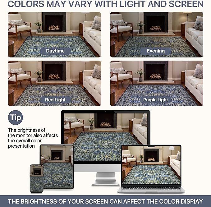 Bavni Floral Dark Blue Area Rugs 6x9, Vintage Boho Carpet Machine Washable, Non Slip Soft Low Pile Thin Rug for Bedroom, Living Room, Dining Room, Nursery