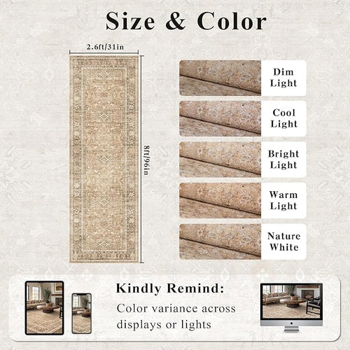 2.6x8 Runner Rug for Hallways Vintage Distressed Non Slip Long Carpet Floral Boho Distress Print Pattern Mat Lightweight Retro Accent Throw Carpet for Kitchen Bedroom Bedside Laundry Room﻿-Khaki