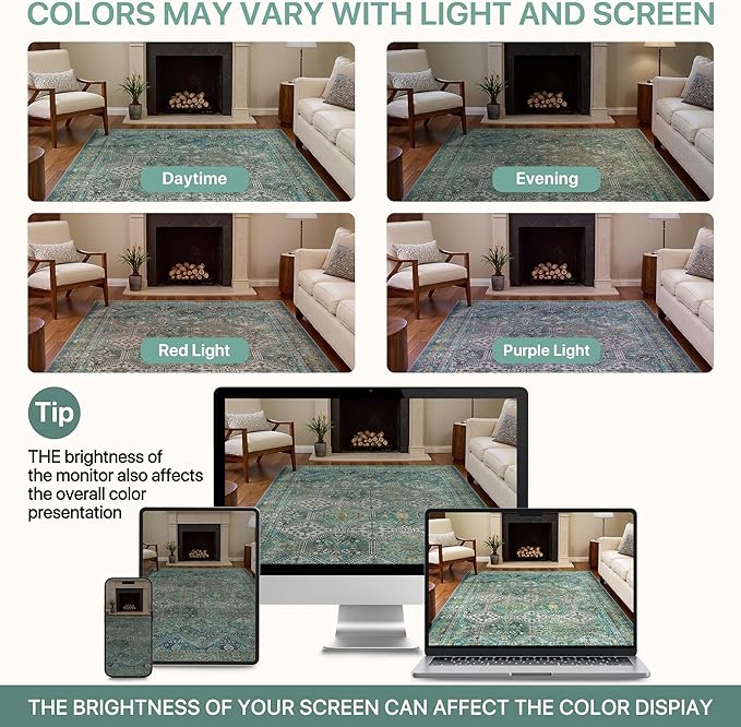 Bavni 8x10 Area Rugs for Living Room, Machine Washable Rug Non Slip, Vintage Chenille Distressed Print Carpet, Large Low Pile Ultra-Thin Lightweight Rugs for Bedroom, Dining Room, Home, Office, Cyan