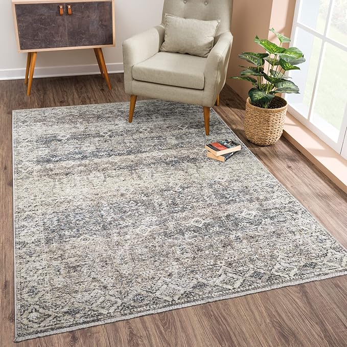 Bloom Rugs Caria Washable Non-Slip 8x10 Rug - Beige Brown/Teal Traditional Area Rug for Living Room, Bedroom, Dining Room, and Kitchen - Exact Size: 7'8" x 10'