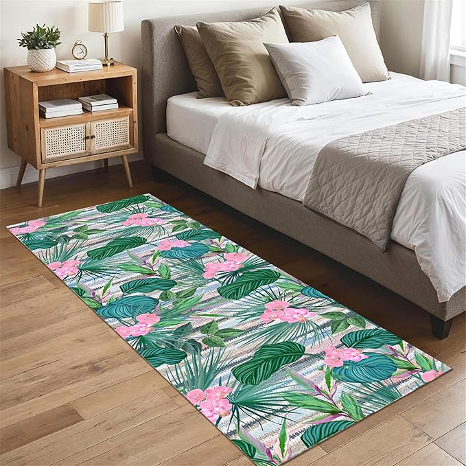 Tropical Runner Rug 4x12 ft - Floral & Leaf Print, Pink Flowers & Greenery - Non-Slip Easy Clean - Hallway, Living Room, Bedroom - Bohemian Watercolor Style