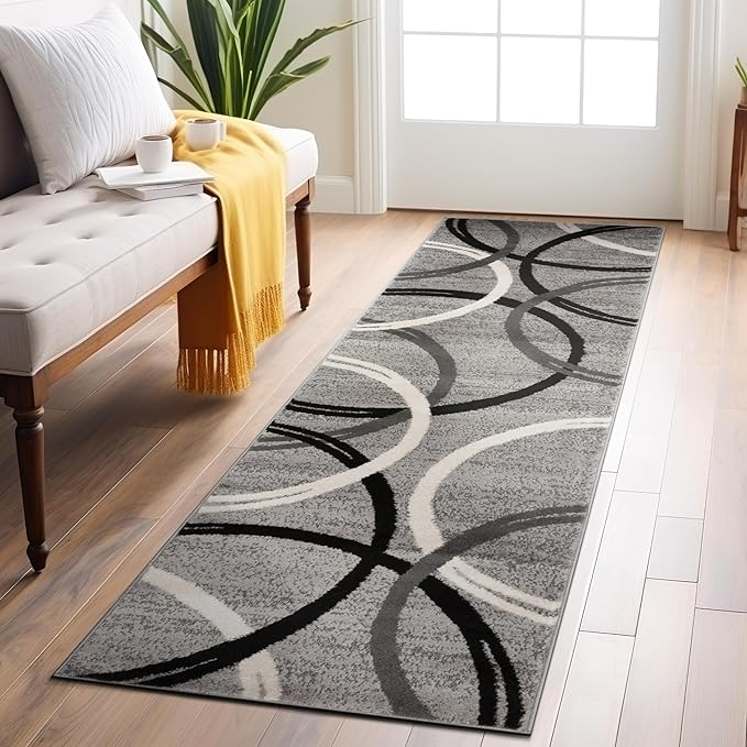 Rugshop Wavy Circles Design Runner Rug, Carpet with Jute Backing for Hallway or Entryway, Gray, 2'7" x 6'