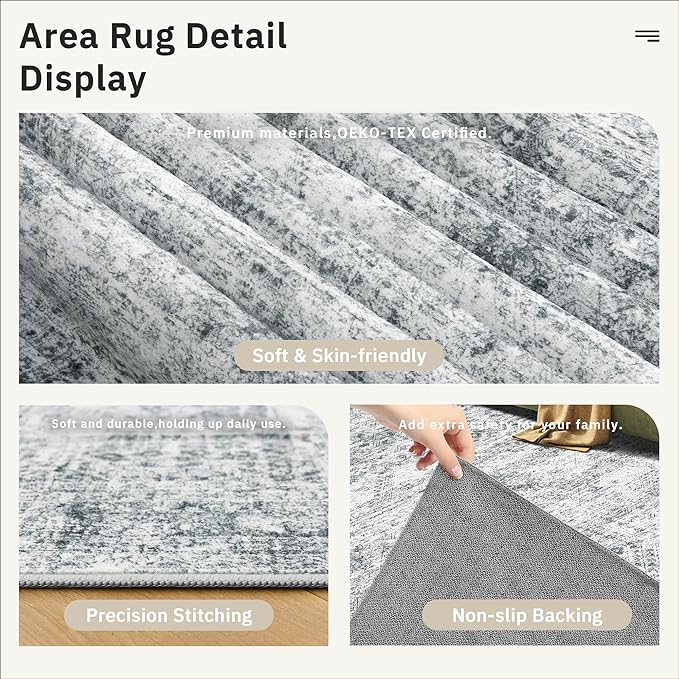 5x7 Area Rugs Gray Low Pile Indoor Washable Trendy Faded Style Rugs for Bedroom Living Room Dining Room Foldable Non-Slip Thin Grey Print Mat