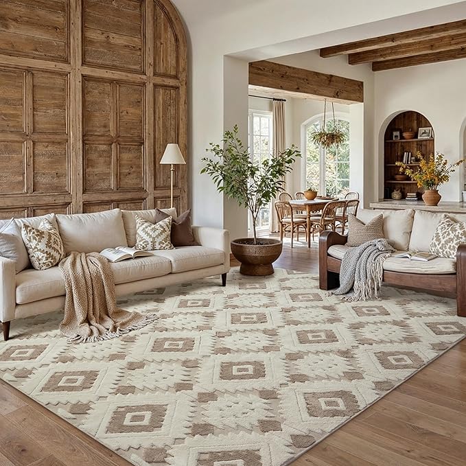 Ivory Brown 5x7 Area Rug Washable Living Room Moroccan Shag Carpet Non Slip Soft Neutral Boho Plush Pile Large Throw Rug for Kitchen Office Dining Room Bedroom Laundry