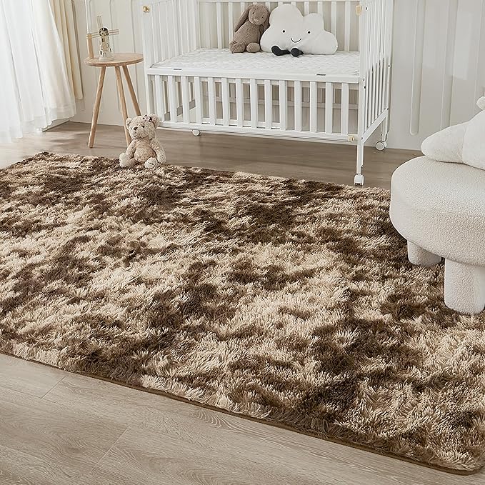 Andency 6x9 Area Rugs, Large Shag Fluffy Soft Shaggy Rugs for Living Room Bedroom, Non-Slip Tie-Dyed Brown Thick Plush Carpet for Kids Girls and Boys, Dorm Nursery Home Decor Aesthetic