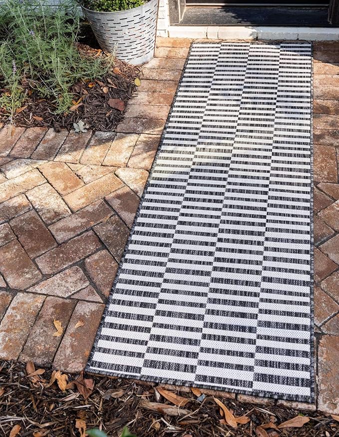 Unique Loom Outdoor Striped Collection Area Rug - Striped (2' x 6' 1" Runner, Charcoal/Ivory)