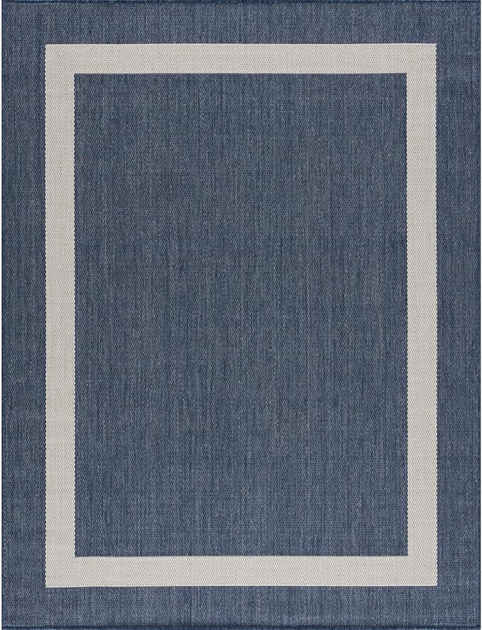 CAMILSON Outdoor Rug 5x7, Modern Outside Rugs for Patios Porches Waterproof Durable Washable Non-Shedding, Easy-to-Clean Indoor Outdoor Area Carpet (5 x 7, Bordered - Blue/White)