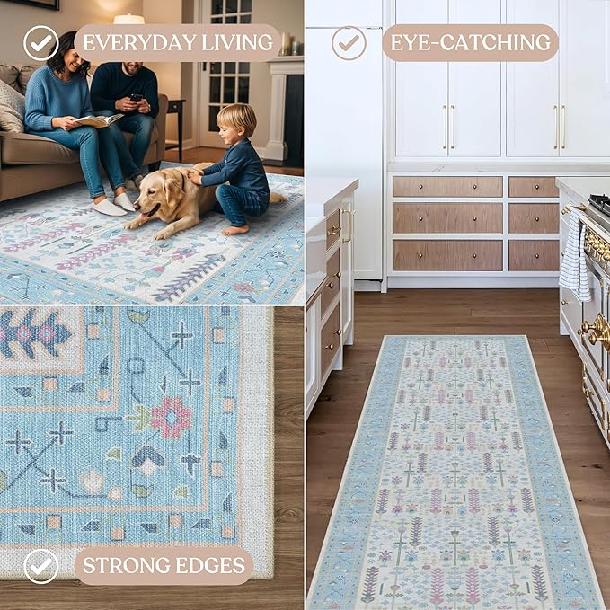 Fame Living Cream Blue Oushak Rug, Modern, Vintage, Turkish, Eclectic, Floral, Pastel, Washable, Large Area Rugs for Living Room, Dining, Bedroom, Girls, Boys, 7'5"x9'8"