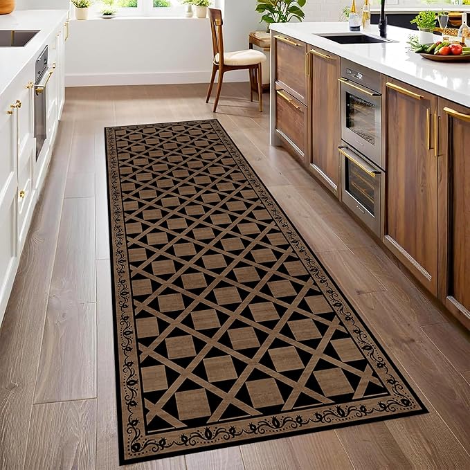 Minimalist Checkered Runner Rug, 2x8ft, Brown Checkerboard Floor Mat, Floral Print Hallway Kitchen Runners Rugs, Washable Breathable Reduce Noise Room Decor Carpet for Bedroom Foyer