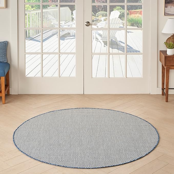 Nourison Home Courtyard Ivory Blue 5' x Round Area Rug - Easy Clean, Non Shedding, Bed Room, Living Room, Dining Room, Kitchen (5' x Round)
