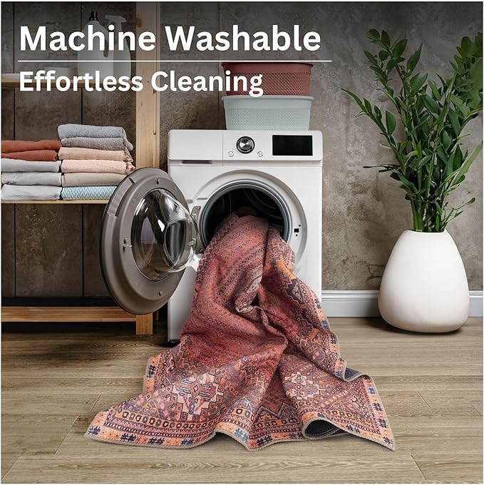 Bloom Rugs Washable Non-Slip 4' x 6' Rug - Red/Multicolor Traditional Bordered Area Rug for Living Room, Bedroom, Dining Room, and Kitchen - Exact Size: 4' x 6'