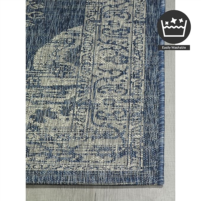 FH Home Outdoor Rug - Waterproof Easy to Clean Stain Resistant - Patio Indoor Outdoor Porch Deck Balcony Entryway - Vintage Distressed - Gorgan - Blue - 4ft x 5ft 7in