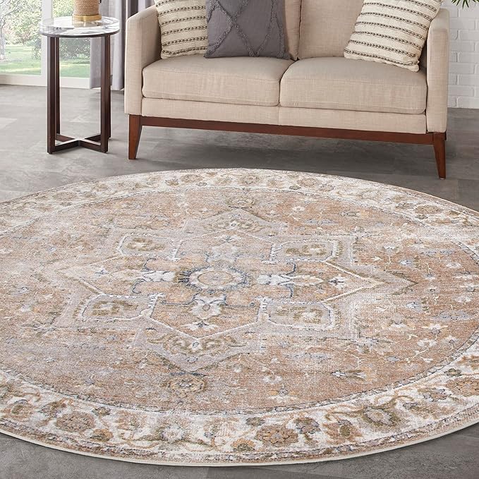 Nourison Home Astra Machine Washable Beige 5'3" x Round Area Rug - Easy Clean, Non Shedding, Bed Room, Living Room, Dining Room, Kitchen (5' x Round)