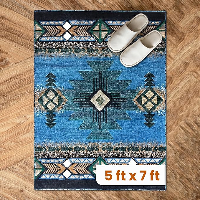 YHSF South West Native American Area Rug C318 - Easy Clean, Thick, Soft, Durable Native Tribal American Indian Inspired Rug for Bedroom/Living Room and More - Blue-Green, 5 Feet x 7 Feet