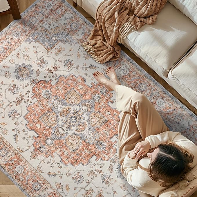 jinchan Area Rug 6x9 Vintage Washable Living Room Rug Floral Medallion Non Slip Thin Floor Cover Retro Classic Soft Boho Farmhouse Carpet for Bedroom Dining Room Kitchen Brick Red