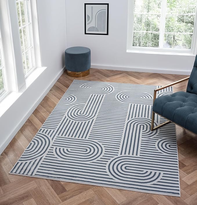 Annabel Modern Geometric Area Rug for Living Room, 6x9 Contemporary Arched and Linear Blue Rug, High-Low Pile Stain Resistant Carpet for Bedroom, Dining Room or Kitchen (6' x 9', Blue)
