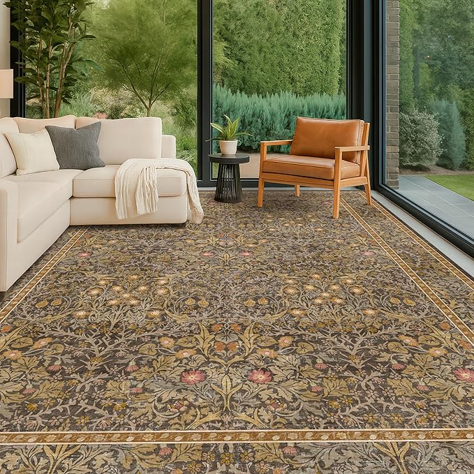 Washable Living Room Rug 10x12 - Brown Oriental Area Rug for Dining Room Under Table, Low Pile Non-Slip Floor Decor for Bedroom Under Bed - Vintage Earthy Design & Stain Resistance
