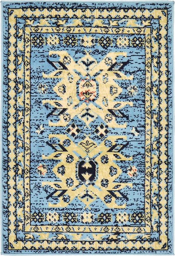 Unique Loom Taftan Collection Border Geometric Tribal Inspired Design Area Rug, 2 ft 2 in x 3 ft, Light Blue/Gold
