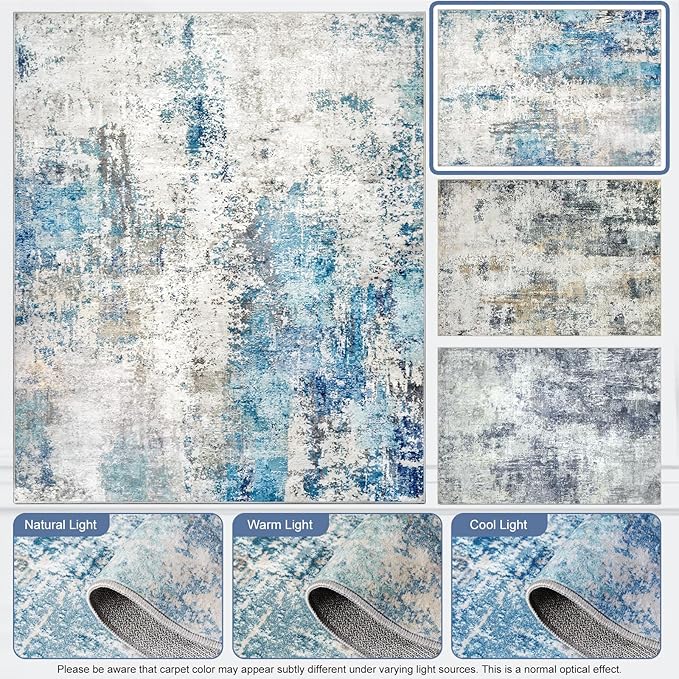 Washable Area Rugs for Living Room 9x12 - Large Neutral Modern Abstract Rug, Soft Low Pile Carpet with Non Slip Backing for Under Dining Room Table, Bedroom, Home, Office, Dorm - Blue Gray