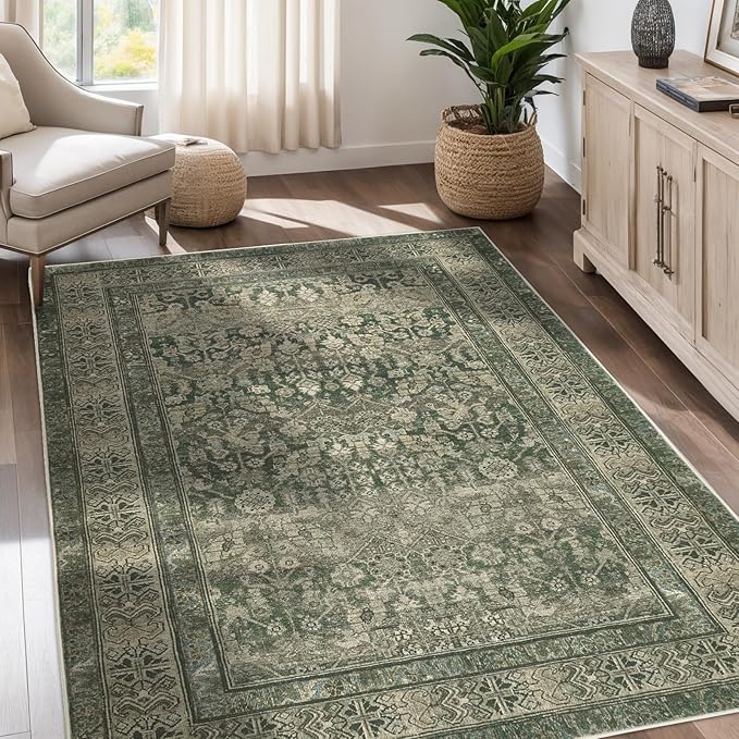 Vintage Washable Area Rug for Living Room,Low Pile 9x12 Non Slip Carpet Non-Shedding Area Rug Soft Indoor Stain Resistant Rug Floral Print Mat for Bedroom Dining Room Green