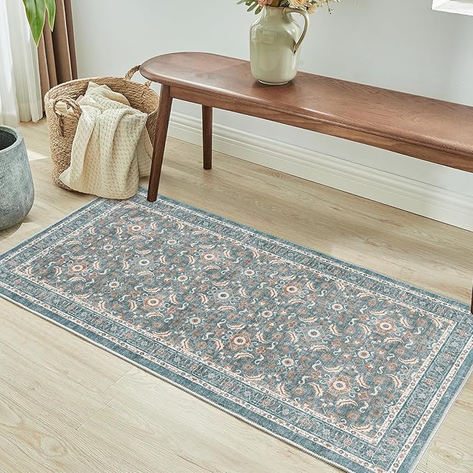 WITSHOCK Washable 2x4 Entryway Area Rug: Soft Non-Slip Backing Washable Rugs Vintage Flower Boho Accent Small Rugs for Bedroom, Kitchen, Bathroom, Nursery Entrance,Teal Blue