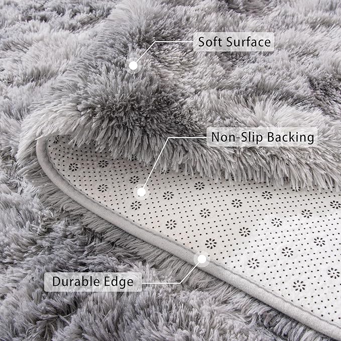 Beglad Fluffy Large Area Rugs 6x9 Feet, Modern Minimalist Style Shag Fuzzy Rugs, Non-Slip Indoor Carpet Soft Rugs for Kids Room, Bedroom & Living Room, Tie-Dyed Light Grey