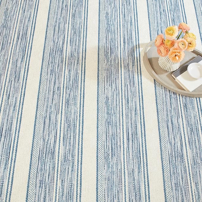 Dash & Albert Ellington Stripe Blue Machine Washable Rug, 6 X 9 Feet, Blue Stripe Pattern