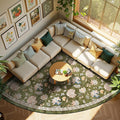 jinchan Elora Floral Corner Rug for Living Room Washable Bedroom Rug Vintage Romance Design Non Slip Quarter Circle Lightweight Low-Pile Throw Carpet for Reading Nook Playroom,7ft Radius, Green