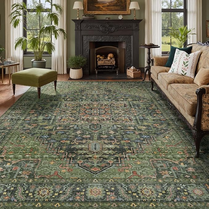 Kokia 6x9 Washable Area Rugs Dark Green with Vintage Orient Design Soft Rug for Living Room or Home Office Non-Slip Low Pile Stain Resistance Features Distressed Medallion Pattern