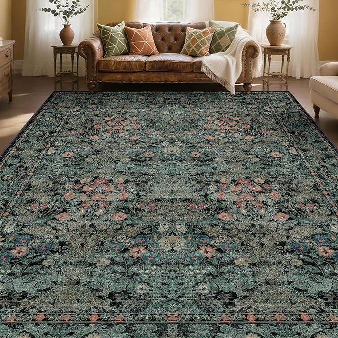 Boho Dark Green Floral Area Rug 8x10 for Living Room, Washable Farmhouse Moody Rug for Bedroom, Dining Room Under Table, Cottage Core Distressed Low Pile Non Slip Carpet, Soft Large Mat
