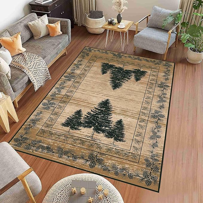 UNREASTO Country Cabin Area Rug 4x6ft Rustic Nature Forest Pine Cone Pine Tree Plant Vintage Home Decor Floor Rug Non-Slip Easy Clean Lodge Rug for Living Room Bedroom Entry Office Hardwood Floor