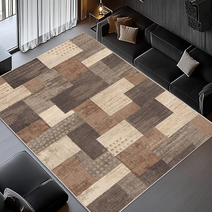 Modern Geometric Patchwork Indoor Area Rug for Living Room, Beige 9'x 12' Large Rug Rockwood Collection Hardwood Floors Decor for Bedroom, Beige Throw Carpet for Office Entryway Dining Room